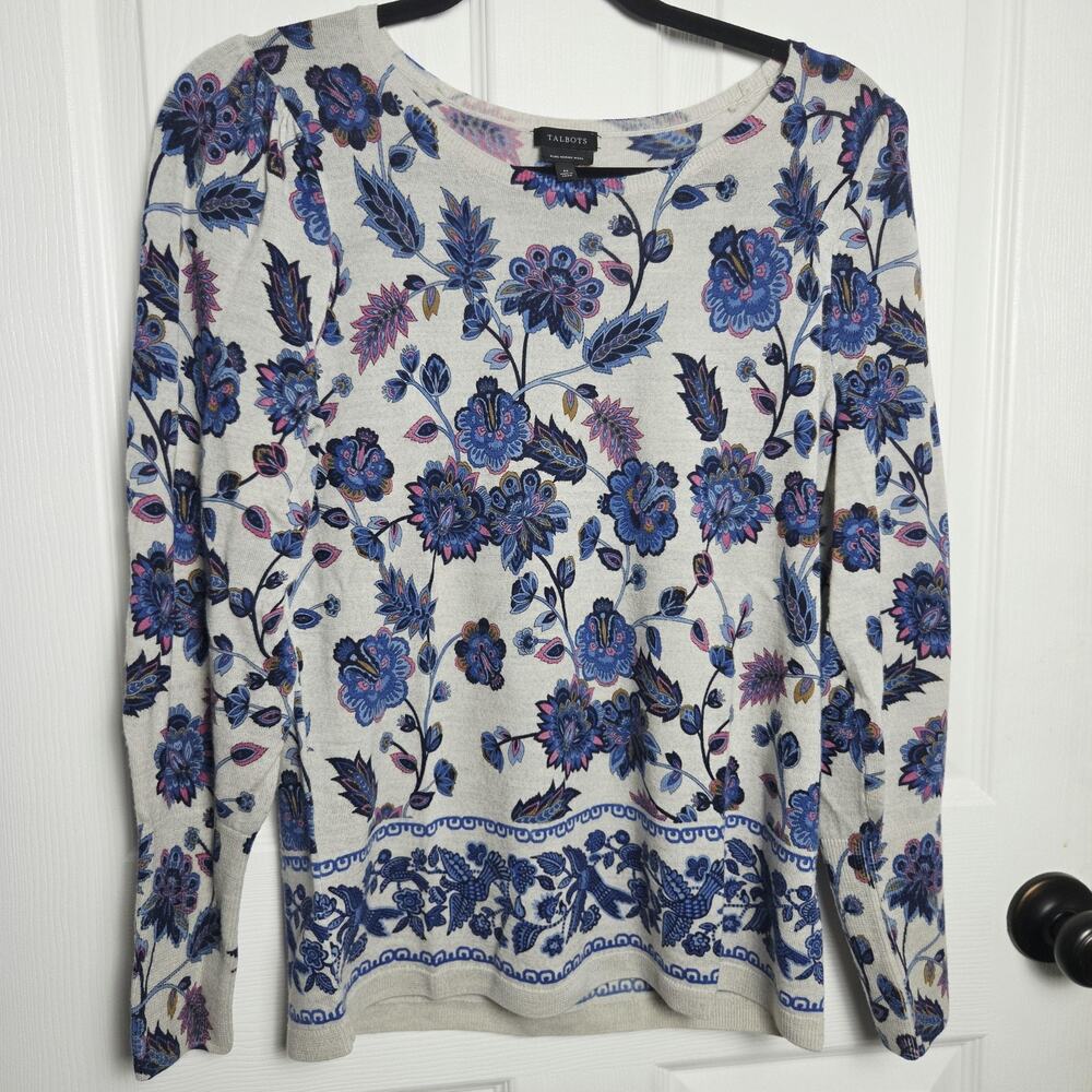 Talbots Sweater Womens M Gray Merino Wool Floral Print Crewneck Lightweight Knit